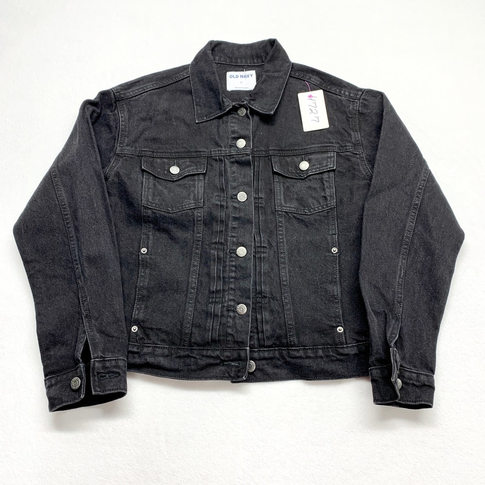 Old Navy Denim Trucker Jacket Womens Size M Black Classic Cotton Jean Coat